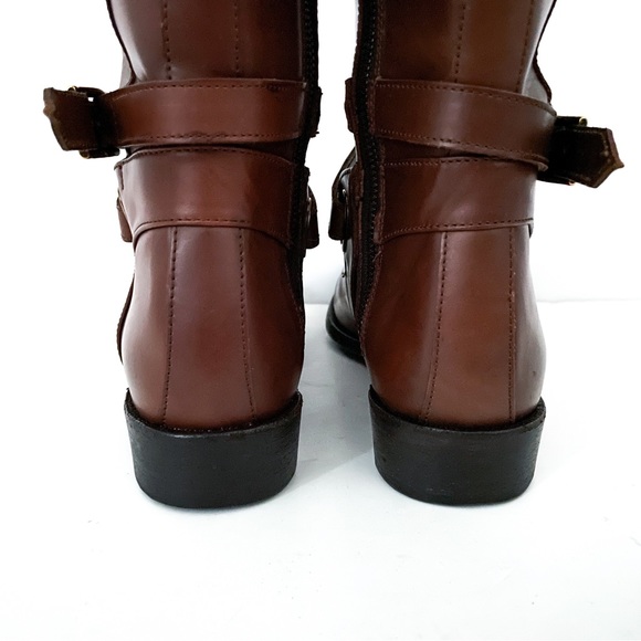 Burberry Adelaide Brown Leather Side Zip Strappy Gold Tone Buckle Riding Boots - Picture 6 of 12